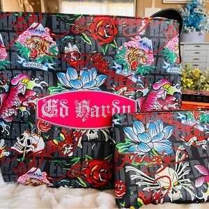 Ed Hardy Multicolor Skull and Floral shoulder bag & cosmetic case